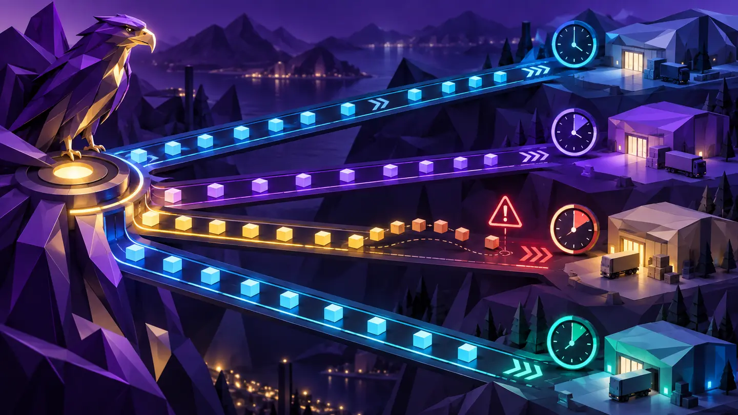Illustration of supplier request lanes moving at separate controlled speeds with one lane slowing after a warning