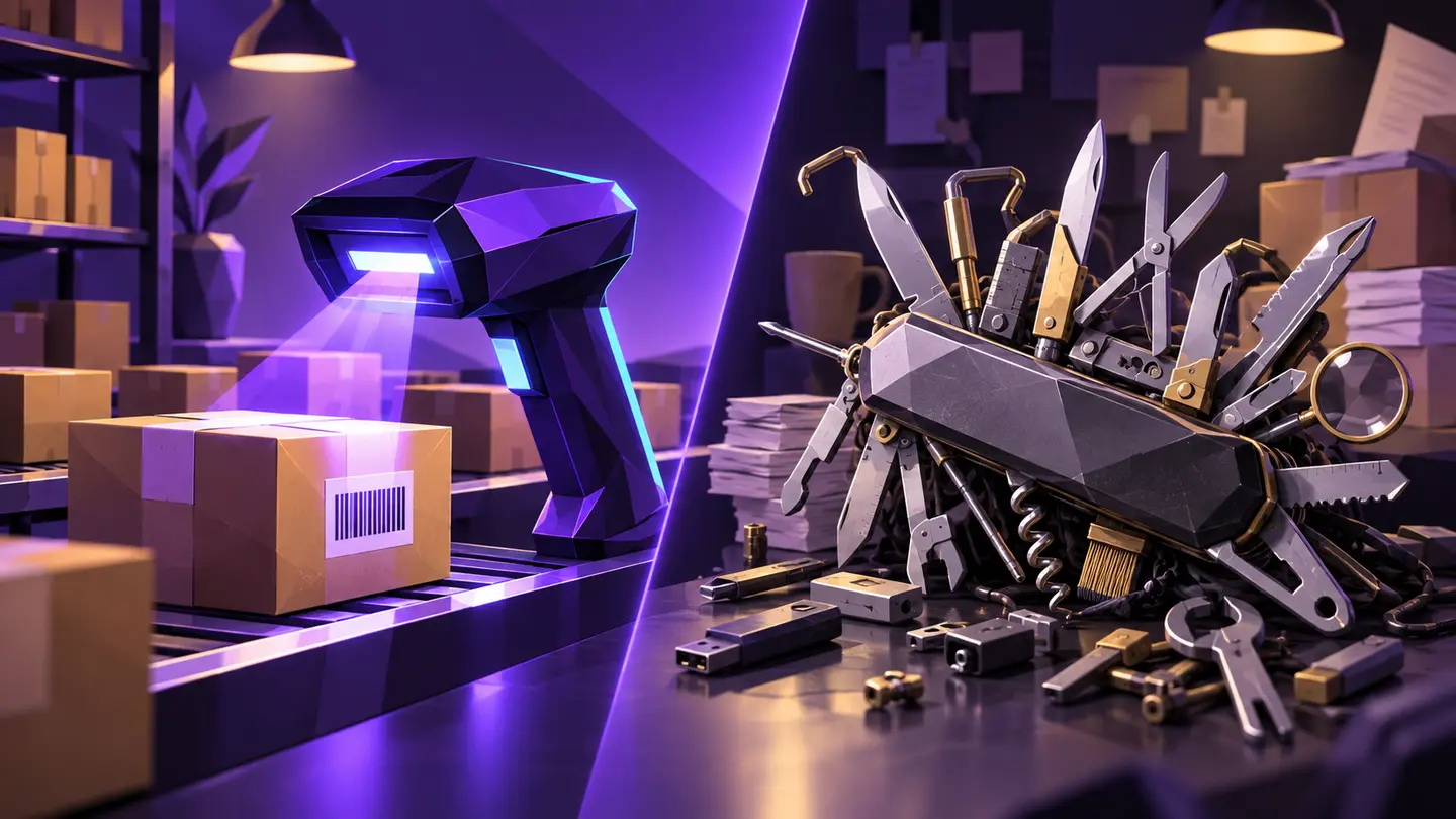 Illustration comparing a precise ecommerce scanner with an overloaded multi-tool