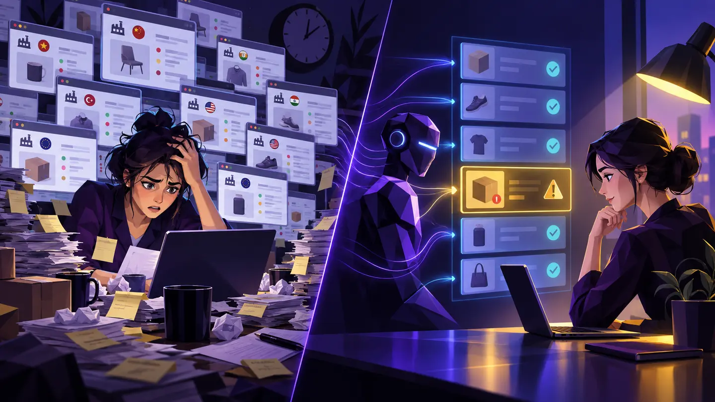 Split illustration comparing an overwhelmed manual inventory process with an organized automated review queue