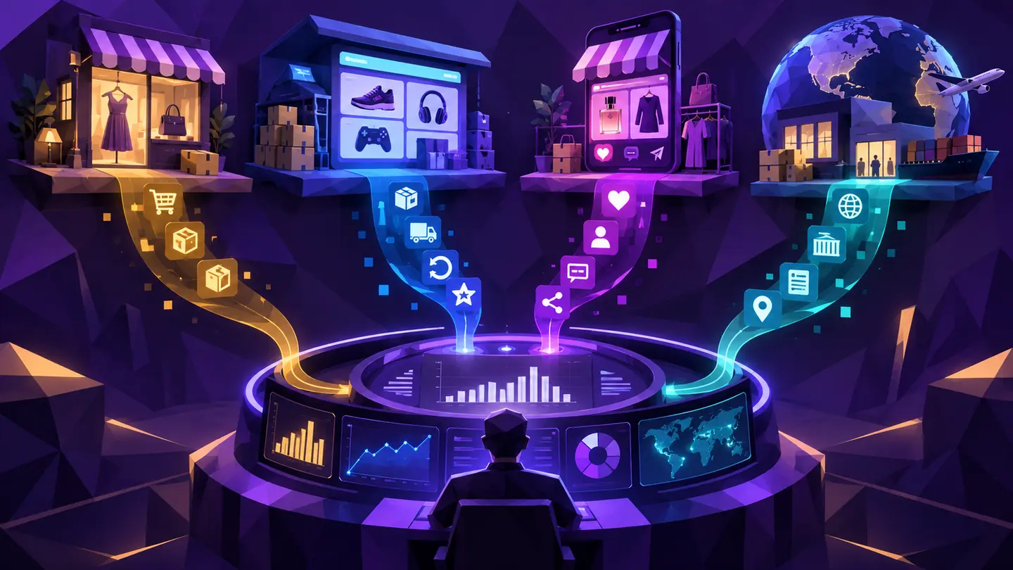 Illustration of four different ecommerce storefronts feeding information into one monitoring workspace