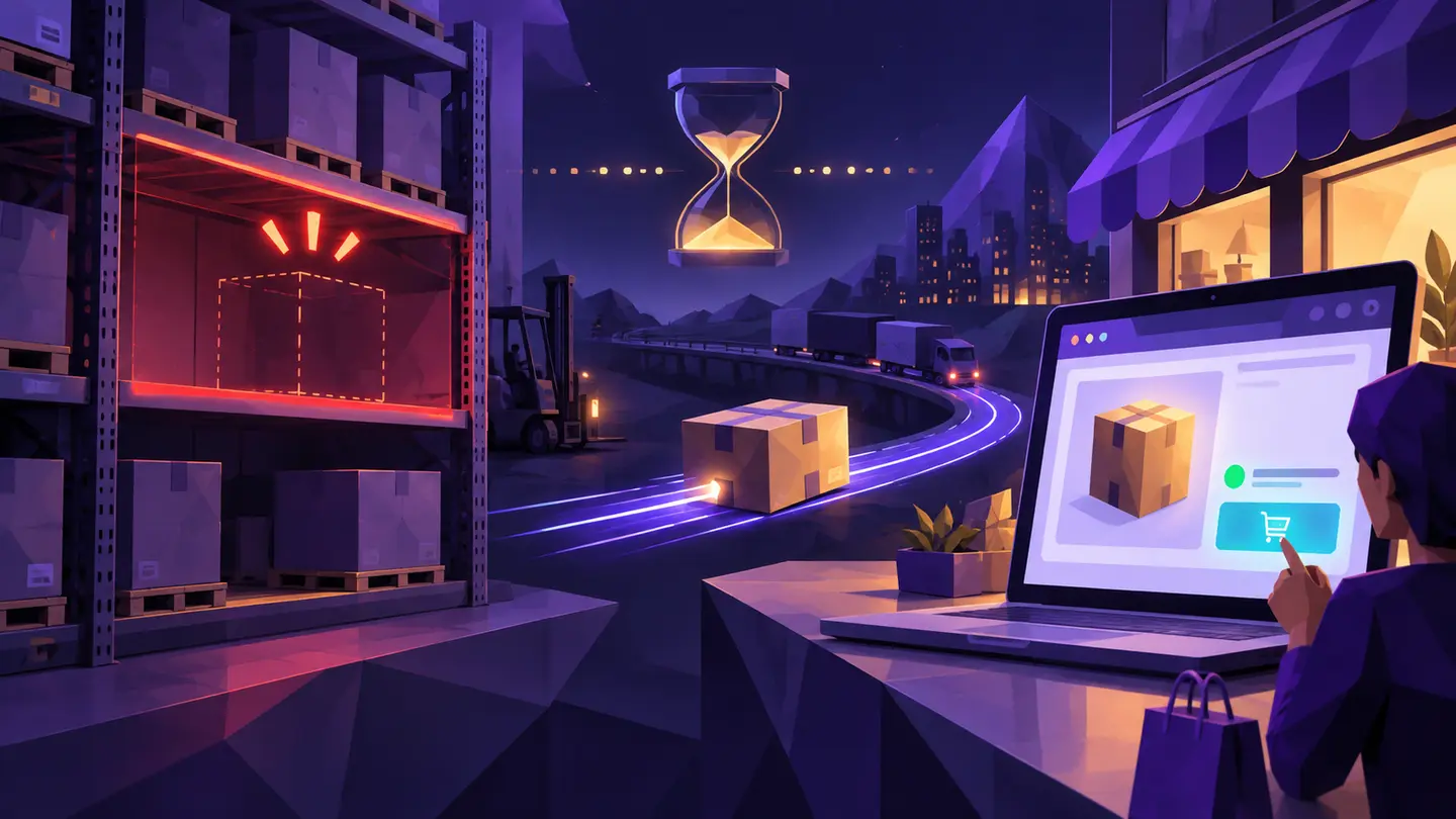 Illustration of a supplier warehouse, an hourglass, and an ecommerce order separated by an inventory delay