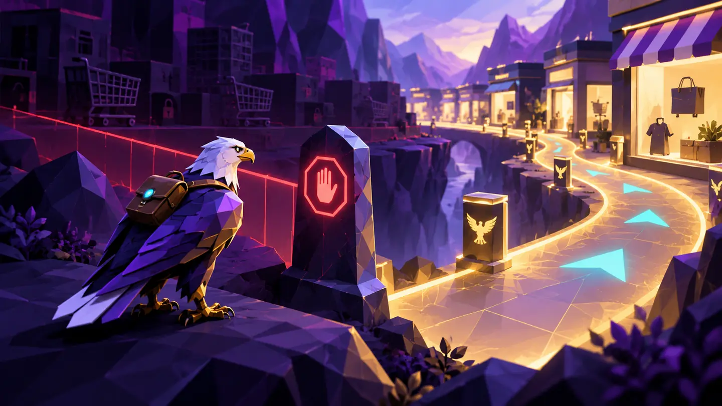 Illustration of an eagle-inspired crawler pausing at a boundary before following an allowed storefront path