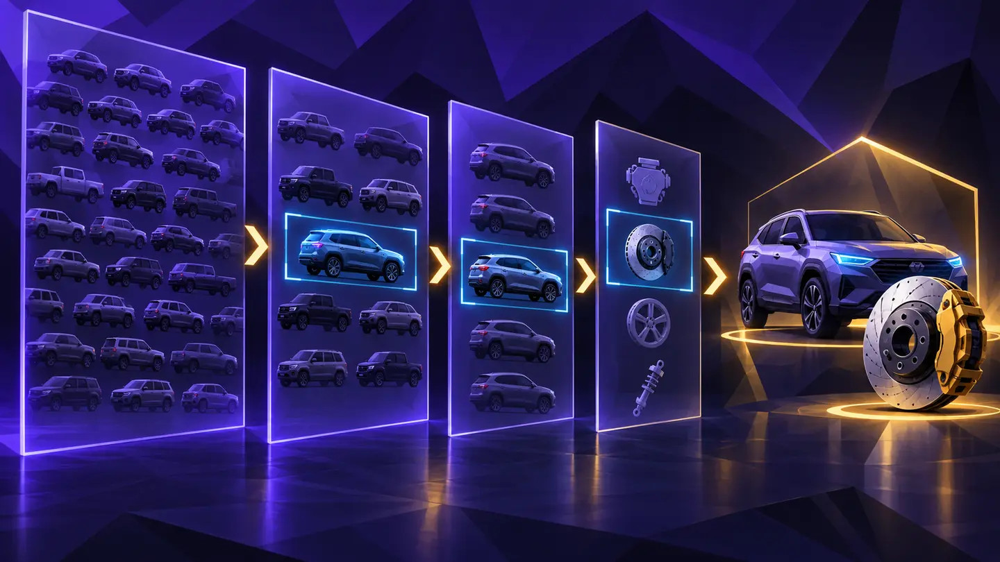 Illustration of vehicle choices narrowing through several fitment layers to one matching automotive part