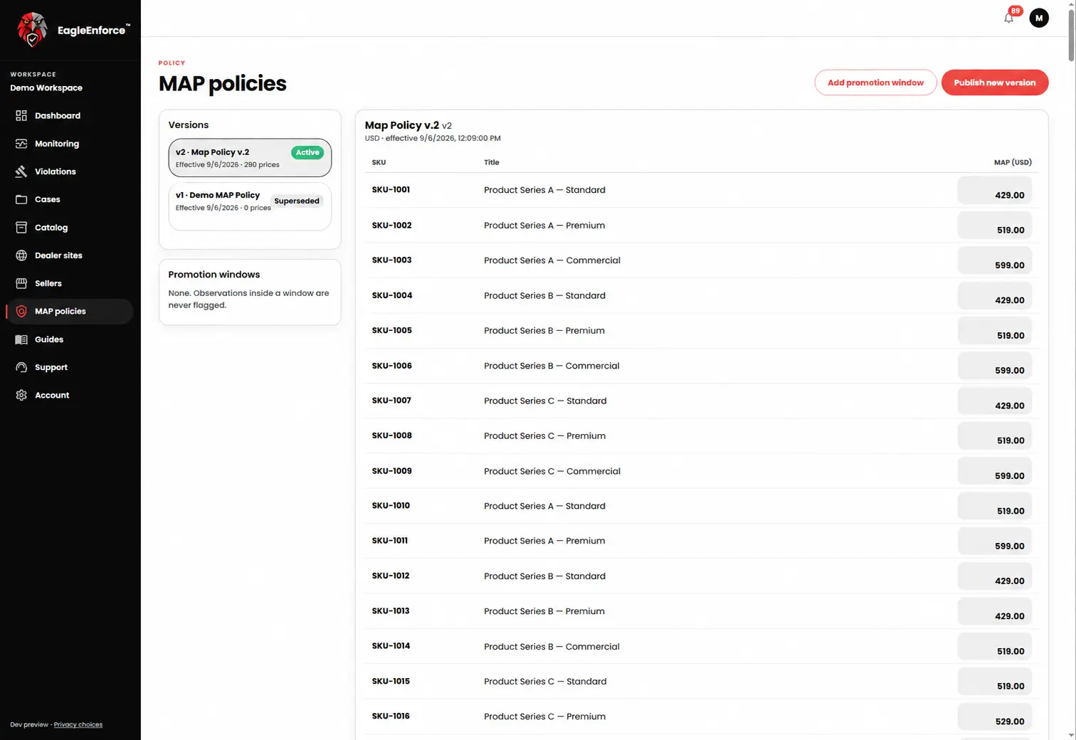 EagleEnforce MAP policy screen with generic product series, SKUs, and pricing data