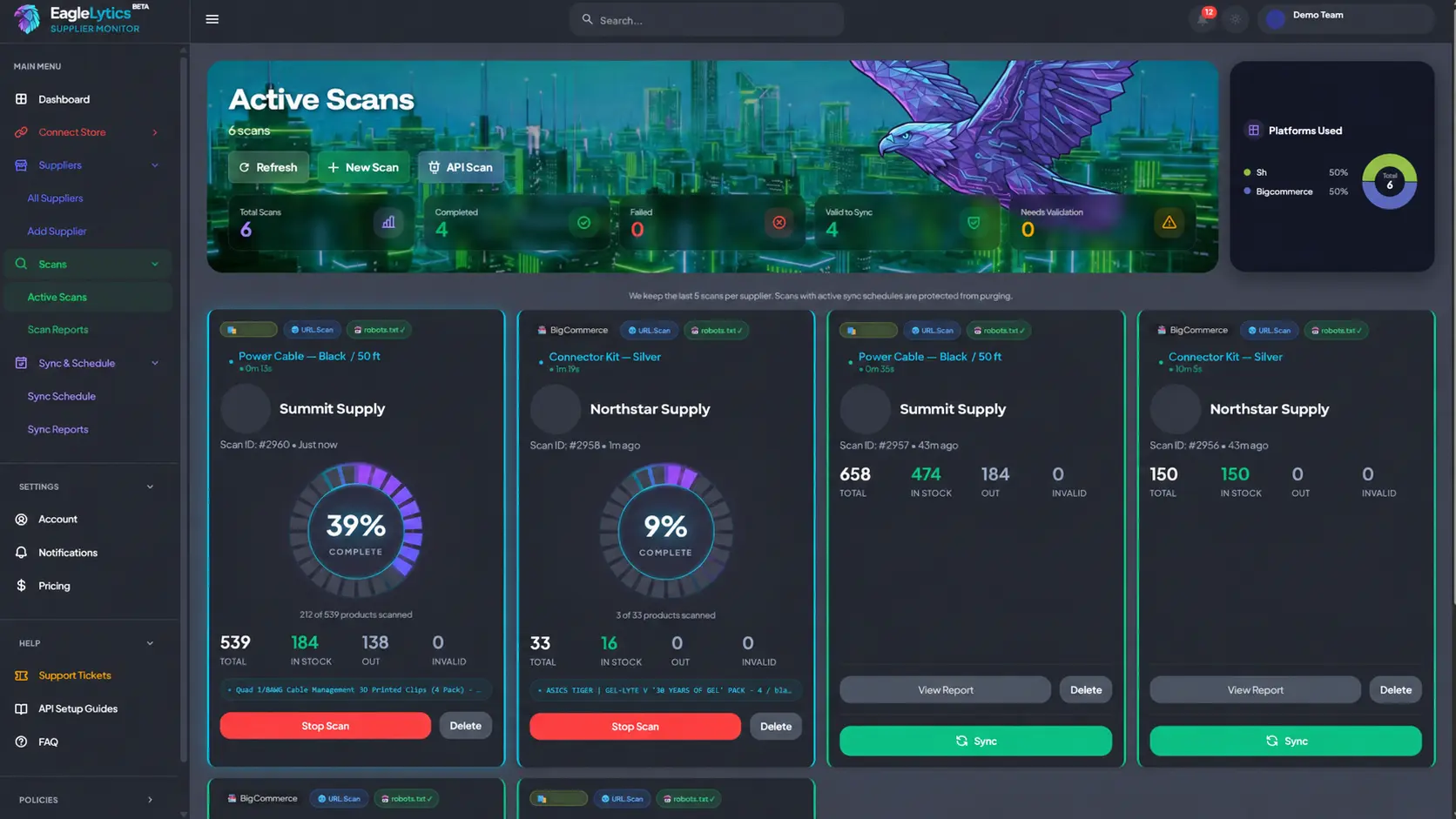 EagleLytics active supplier scans showing progress, stock counts, and validation status