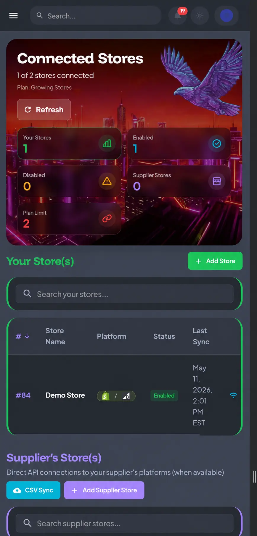Mobile EagleLytics connected stores screen with a generic demo store