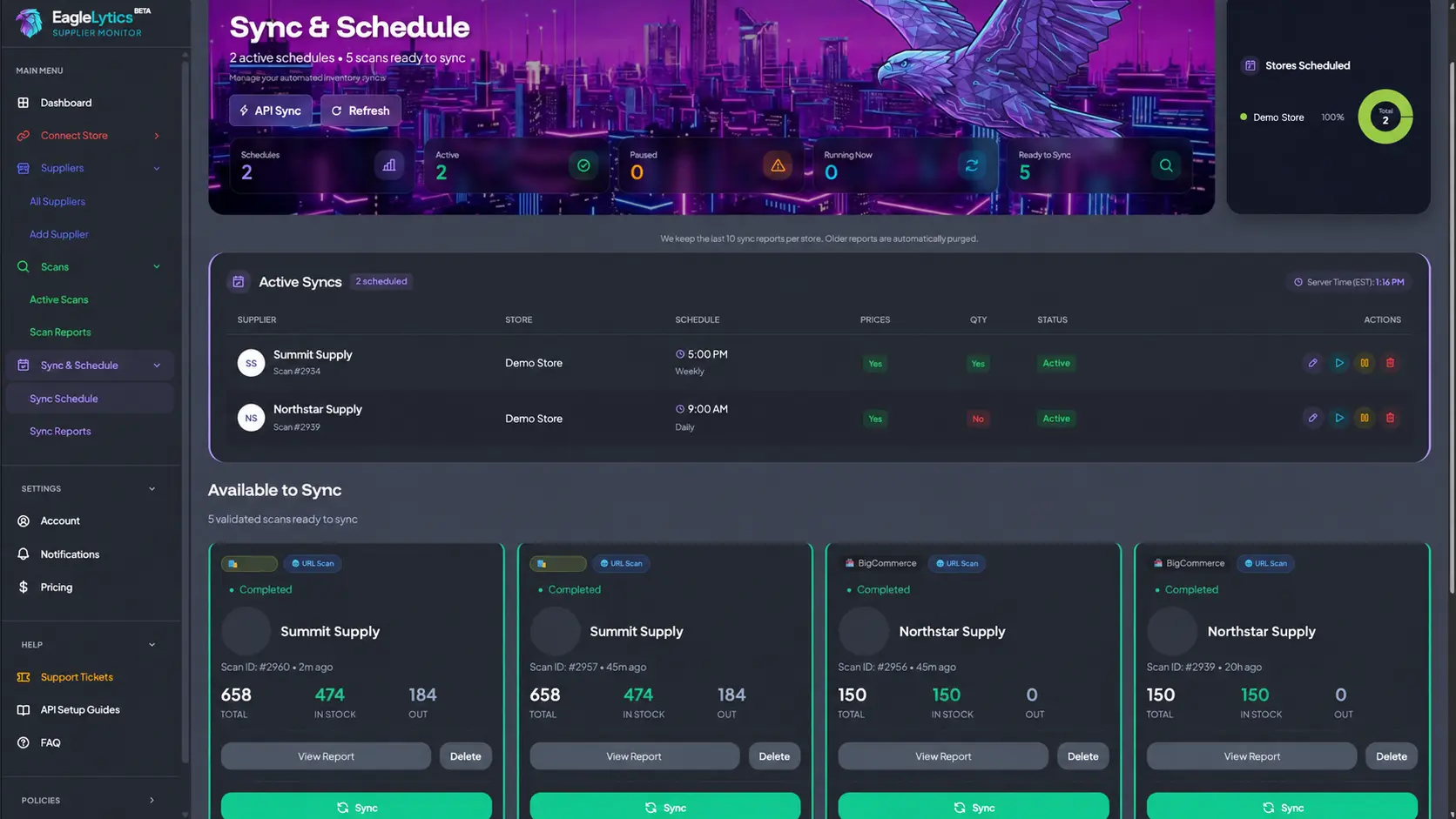 EagleLytics synchronization schedule with generic suppliers and a demo ecommerce store