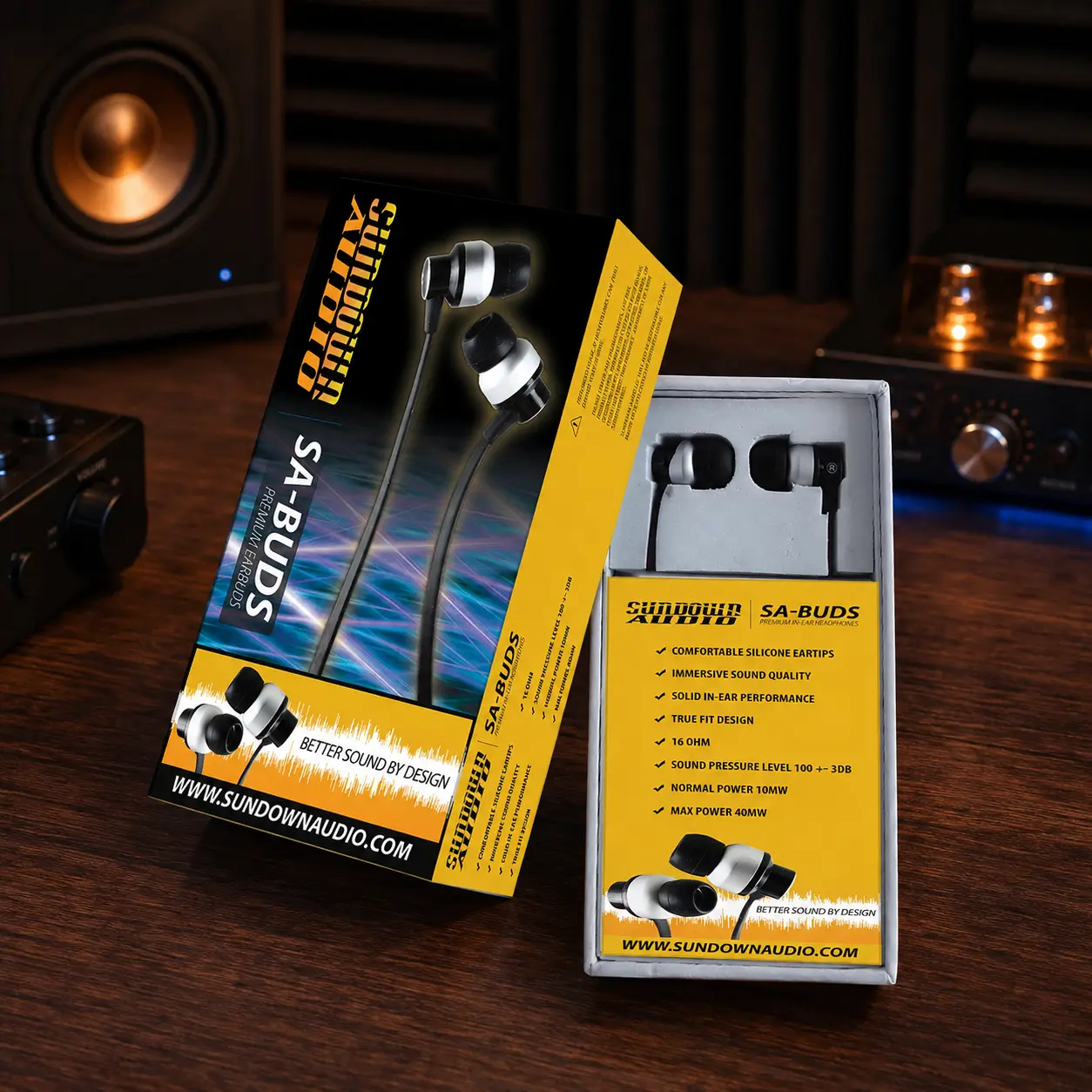 Sundown Earbuds — packaging and physical brand work